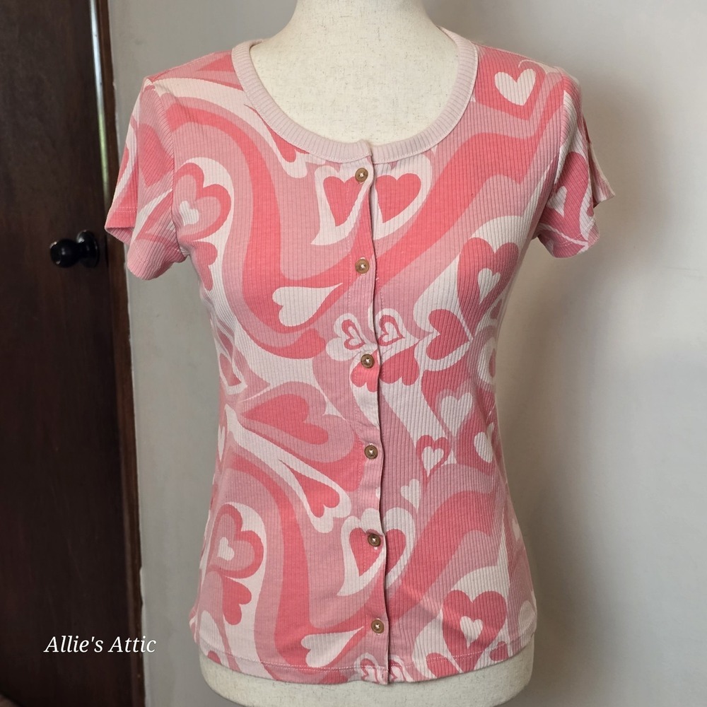 Y2K Pink Baby Tee T-Shirt Hearts White Short Sleeve Button Thereabouts XL 16
